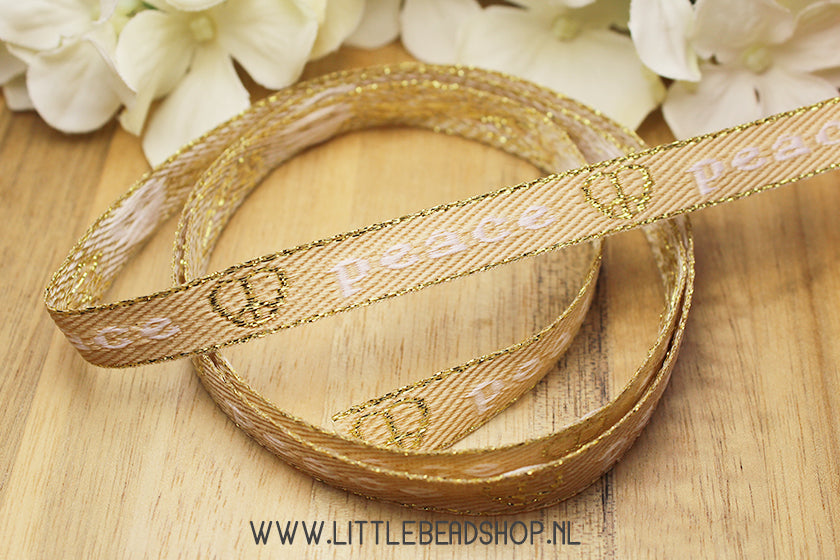 Geweven Lint Peace Beige & Goud, per meter