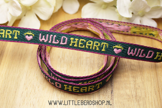 Geweven Lint Wild Heart Groen, Roze & Goud, per meter