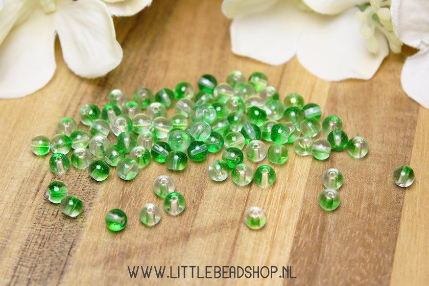 Glaskralen Transparant & Groen & Goud 4mm, +/- 95 stuks