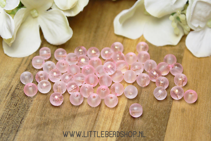 Glaskralen Frosted Transparant & Roze & Goud 6mm, +/- 60 stuks