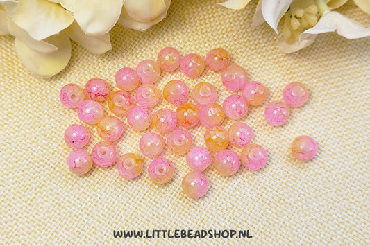 Glaskralen Gemstone Look Pink/Dark Yellow 8mm, +/- 50 stuks
