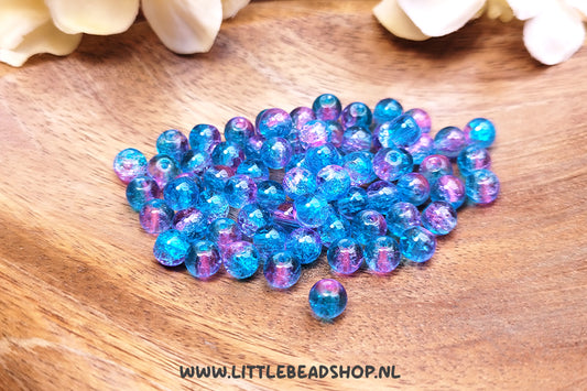 Glaskralen Crackle Blauw & Lichtroze 6mm, +/- 60 stuks