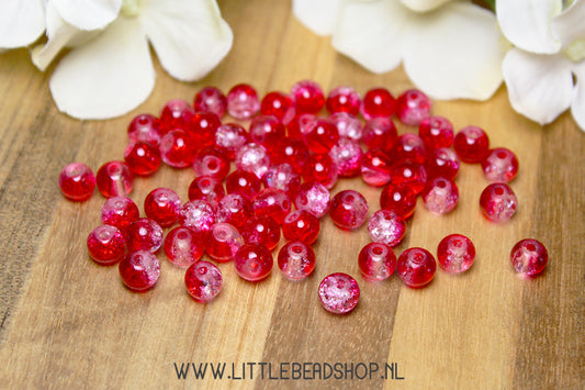 Glaskralen Crackle Diep rood & Transparant 6mm, +/- 60 stuks