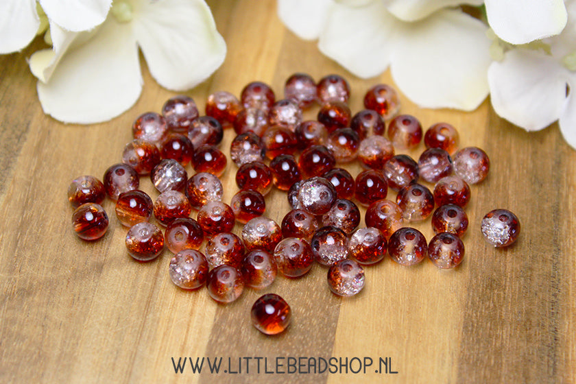 Glaskralen Crackle Roestbruin & Transparant 6mm, +/- 60 stuks