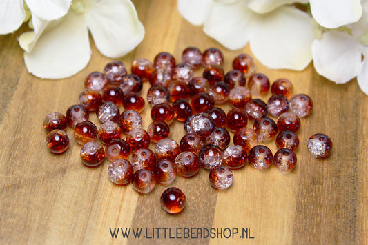 Glaskralen Crackle Roestbruin & Transparant 6mm, +/- 60 stuks