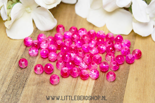 Glaskralen Crackle Roze & Transparant 6mm, +/- 60 stuks