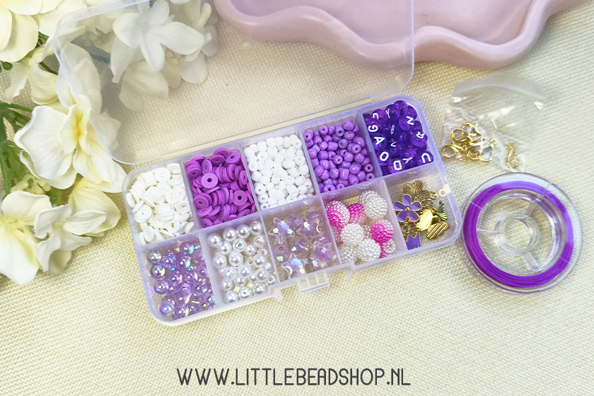 Kralenbox Pastel Paars met elastiek en klein schaartje, per set