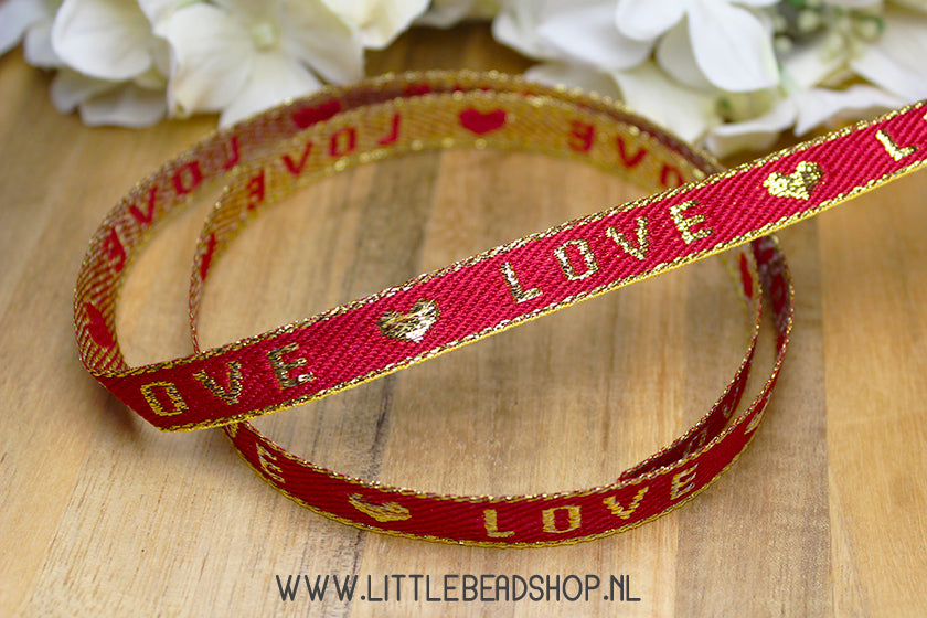 Geweven Lint Love Rood & Goud, per meter