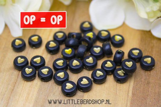 Hartjes kralen Black/Gold 7mm, 50 stuks