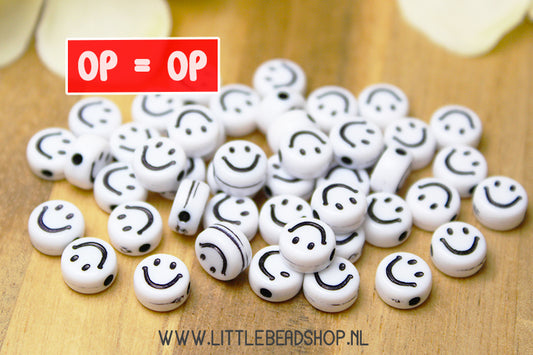 OP=OP Smiley Kralen Wit/Zwart 7mm, 50 stuks