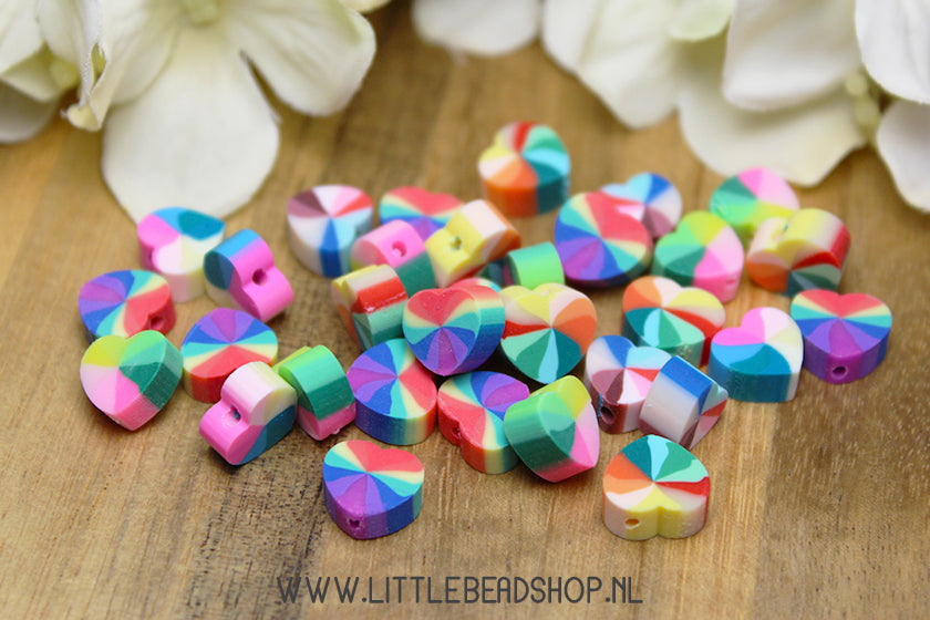 Polymeer Kralen Hartjes Regenboog Mix, +/- 30 stuks