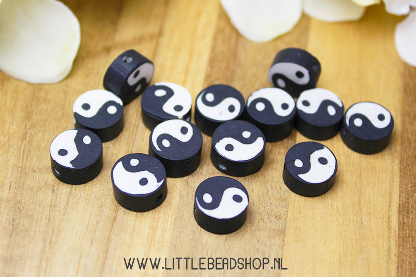 Polymeer Kralen Yin Yang Zwart-Wit, 15 stuks