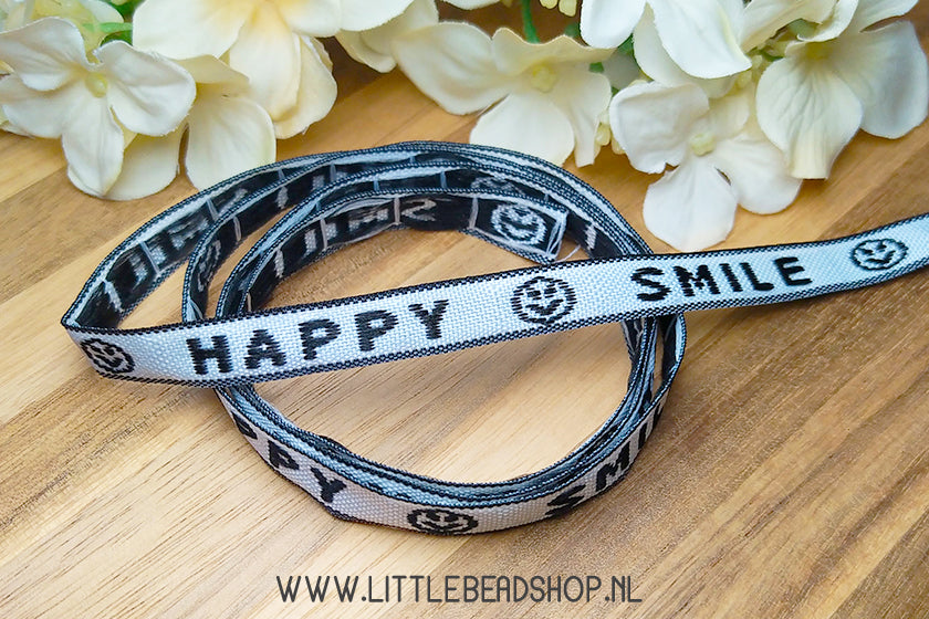 Geweven Lint Happy Smile Wit/Zwart, per meter