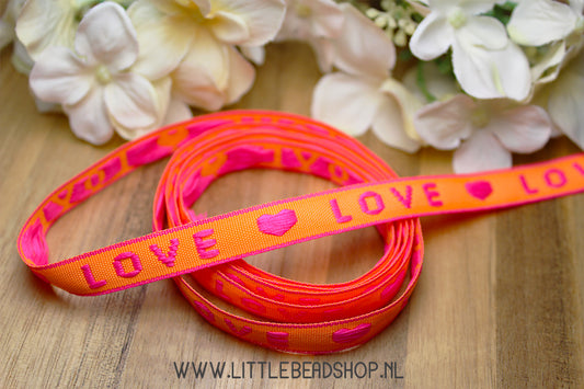 Geweven Lint Love Neon Oranje Roze, per meter